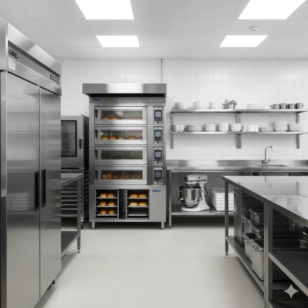 The image shows a modern commercial kitchen with stainless-steel appliances, bright lighting, and a clean, professional layout.