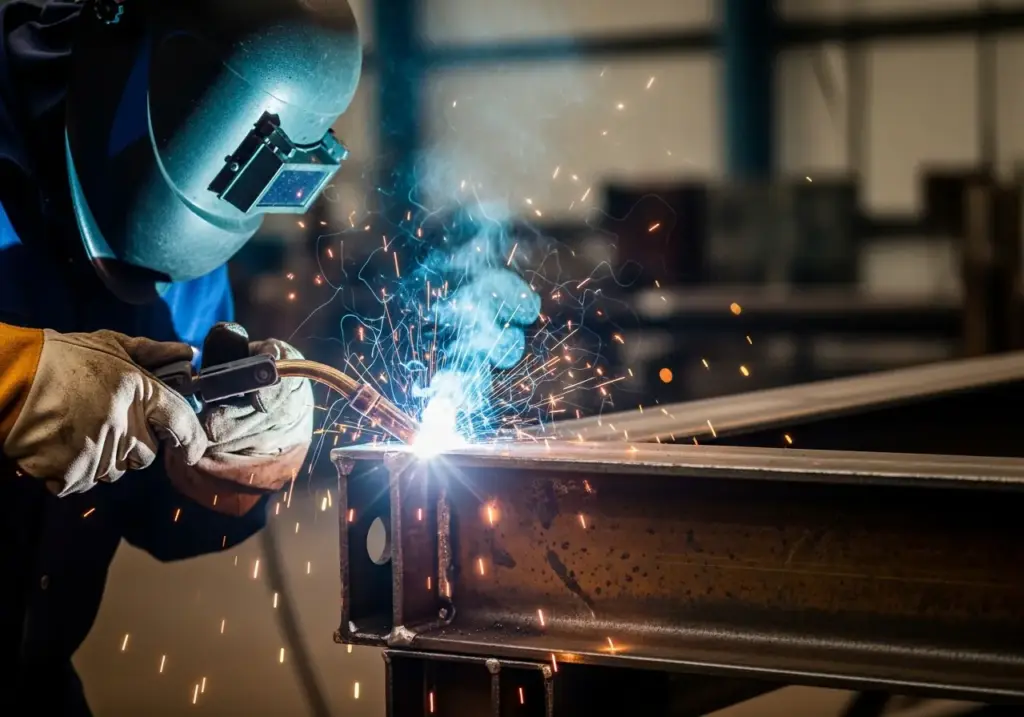A person is wearing a mask welding metal pieces.