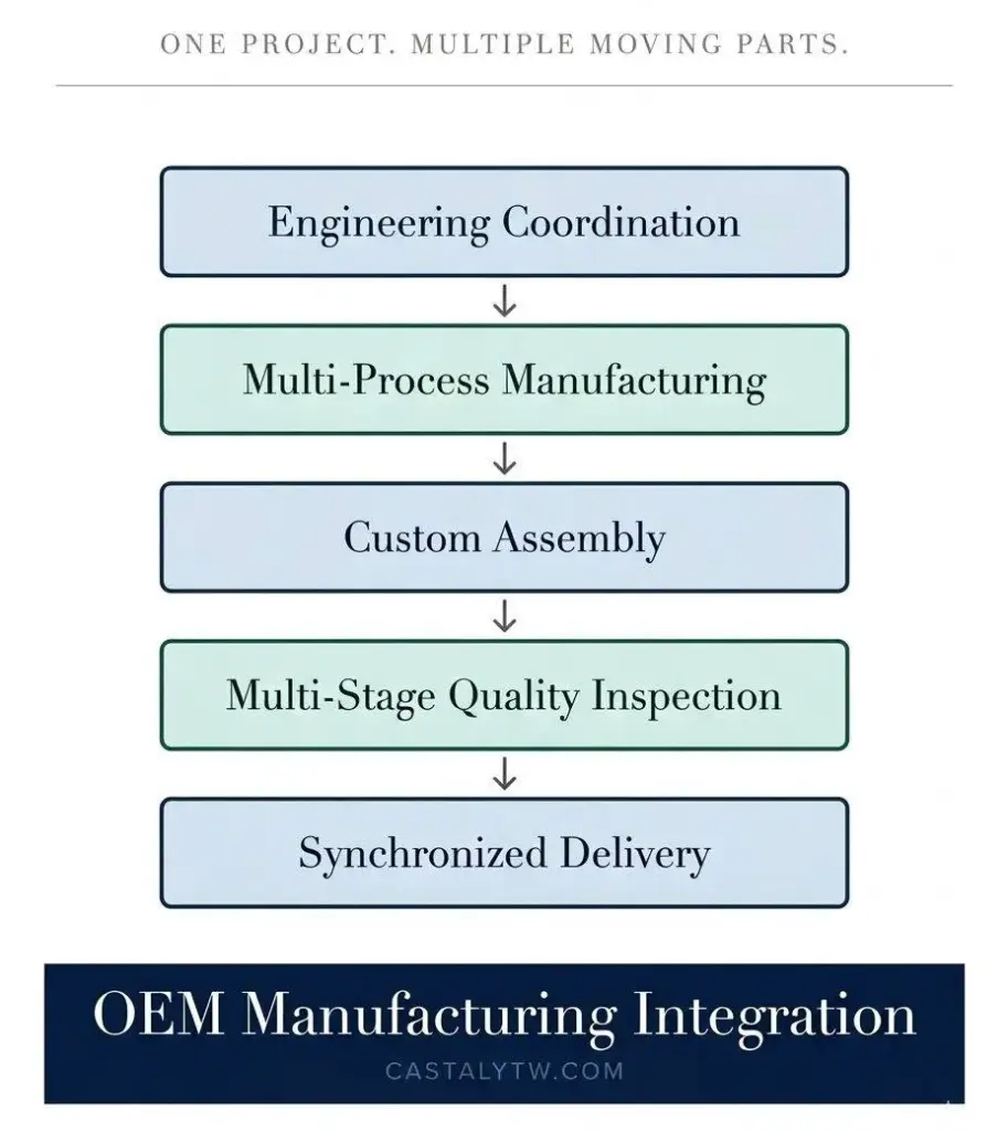 oem-manufacturing-integration-process OEM manufacturing integration process from engineering coordination and multi-process production through quality inspection and delivery.