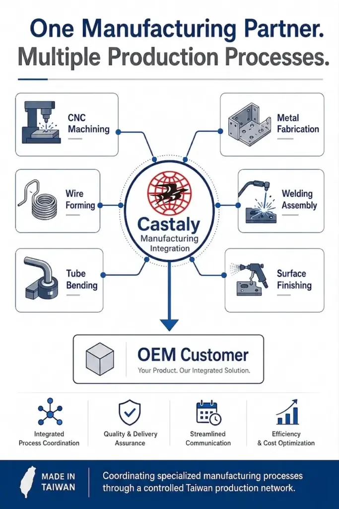 taiwan-oem-manufacturing-integration-network Taiwan OEM manufacturing network supporting CNC machining, wire forming, tube bending, welding, metal fabrication, surface finishing, and assembly.