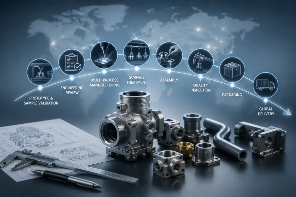 Full-service OEM metal parts manufacturing process for commercial kitchen equipment, from prototyping to quality inspection and global delivery.