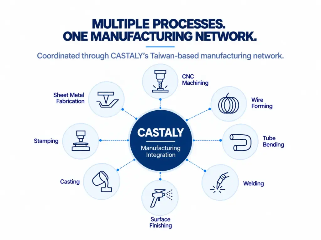 CASTALY Taiwan-based manufacturing network coordinating CNC machining, sheet metal fabrication, wire forming, tube bending, welding, casting, stamping, and surface finishing.