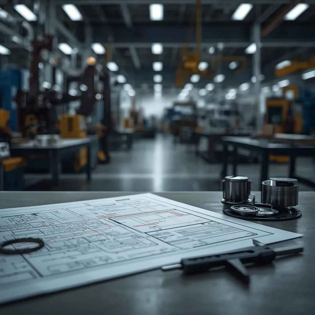 Engineering blueprint, caliper, and machined metal components on a workbench in an OEM manufacturing facility.