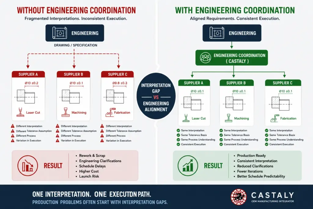 Comparison of OEM production outcomes without engineering alignment versus with structured engineering coordination before production begins