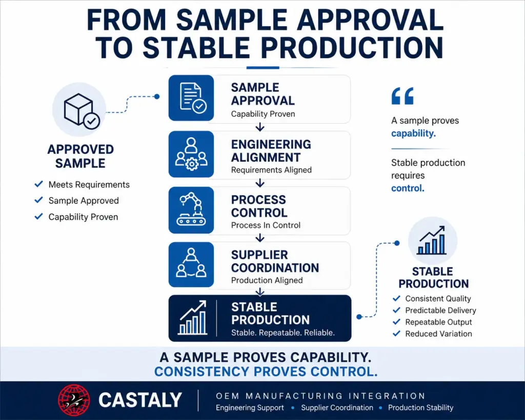 Progression from OEM sample approval to stable, repeatable production across multiple manufacturing runs